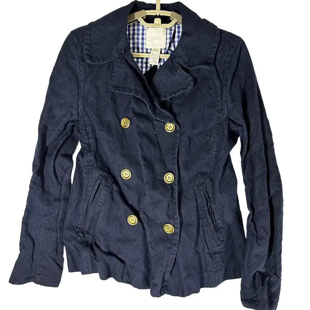J Crew Peacoat Size 4 Navy Blue Cotton Blend Double Breasted Jacket Academia - Picture 2 of 10